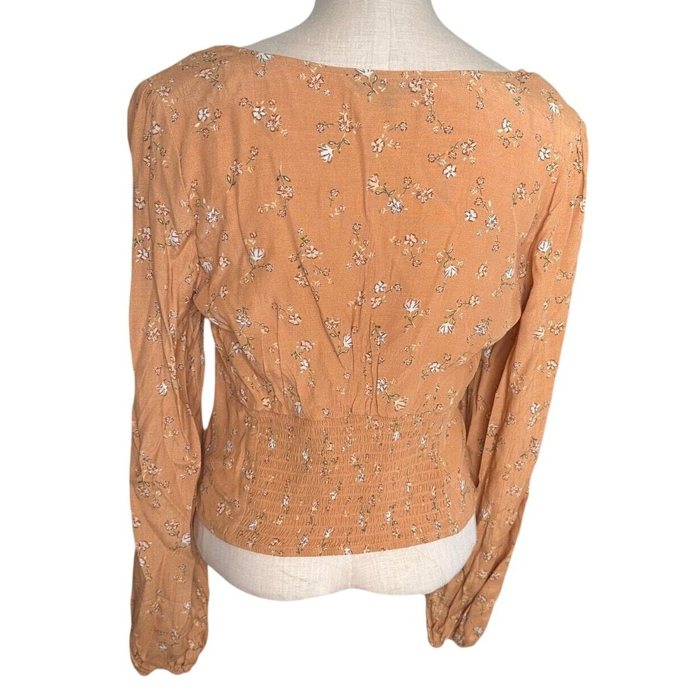 Womens Floral Square Neck Corset‎ Style Blouse Smocked Back Terracotta Orange - Picture 3 of 3
